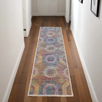 8' Blue Red and Orange Geometric Distressed Non Skid Runner Rug