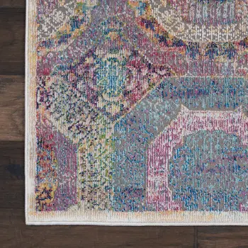 8' Blue Red and Orange Geometric Distressed Non Skid Runner Rug