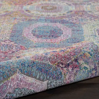 8' Blue Red and Orange Geometric Distressed Non Skid Runner Rug