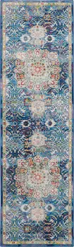 8' Navy Blue and Gold Floral Medallion Distressed Non Skid Runner Rug