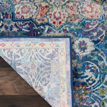 8' Navy Blue and Gold Floral Medallion Distressed Non Skid Runner Rug