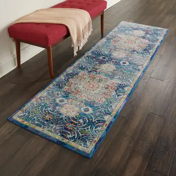 8' Navy Blue and Gold Floral Medallion Distressed Non Skid Runner Rug