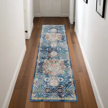 8' Navy Blue and Gold Floral Medallion Distressed Non Skid Runner Rug