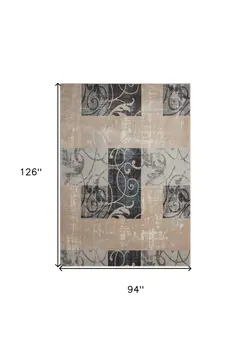 8' X 11' Tan Black and Ivory Floral Vines Non Skid Area Rug