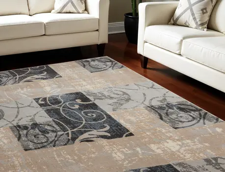 8' X 11' Tan Black and Ivory Floral Vines Non Skid Area Rug