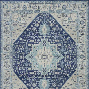 8' X 10' Ivory And Navy Blue Floral Medallion Distressed Area Rug