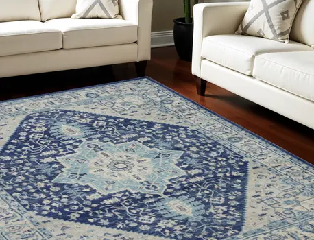 8' X 10' Ivory And Navy Blue Floral Medallion Distressed Area Rug