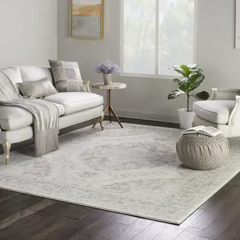 8' X 10' Ivory And Gray Floral Medallion Distressed Area Rug