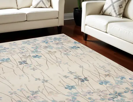 8' X 10' Ivory And Blue Floral Medallion Area Rug