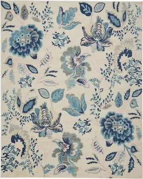 8' X 10' Ivory Navy Blue And Light Blue Floral Area Rug