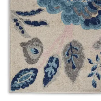 8' X 10' Ivory Navy Blue And Light Blue Floral Area Rug