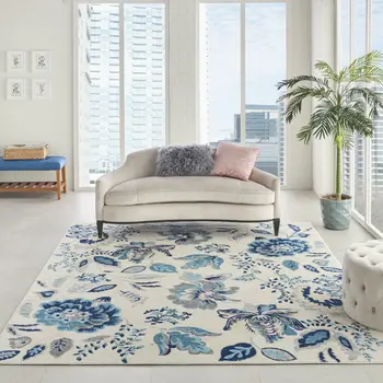 8' X 10' Ivory Navy Blue And Light Blue Floral Area Rug