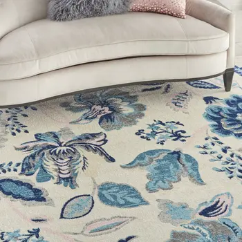 8' X 10' Ivory Navy Blue And Light Blue Floral Area Rug