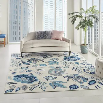 8' X 10' Ivory Navy Blue And Light Blue Floral Area Rug