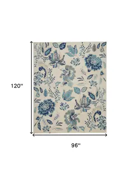 8' X 10' Ivory Navy Blue And Light Blue Floral Area Rug