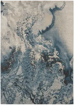7' X 10' Ivory Teal Blue and Black Abstract Non Skid Area Rug