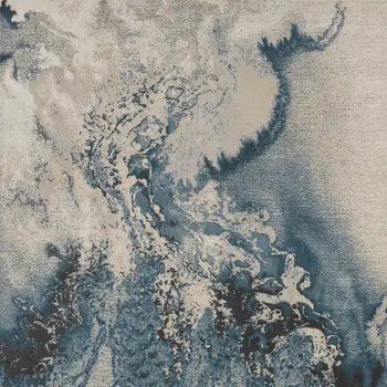 7' X 10' Ivory Teal Blue and Black Abstract Non Skid Area Rug
