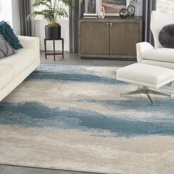 8' X 11' Ivory and Teal Blue Abstract Non Skid Area Rug