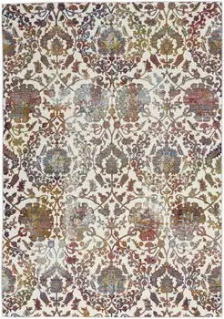 5' X 8' White and Golden Brown Floral Distressed Non Skid Area Rug