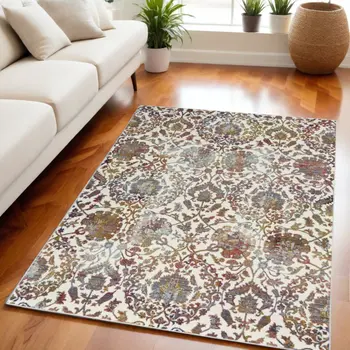5' X 8' White and Golden Brown Floral Distressed Non Skid Area Rug
