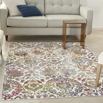 5' X 8' White and Golden Brown Floral Distressed Non Skid Area Rug
