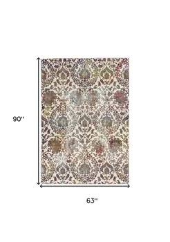 5' X 8' White and Golden Brown Floral Distressed Non Skid Area Rug