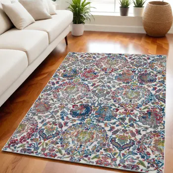 5' X 8' Ivory Blue and Red Floral Distressed Non Skid Area Rug