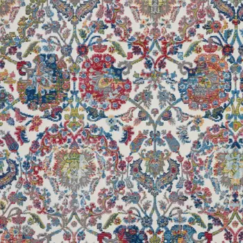 5' X 8' Ivory Blue and Red Floral Distressed Non Skid Area Rug