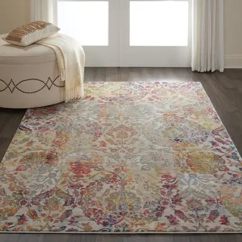 5' X 8' Ivory Gray and Orange Floral Distressed Non Skid Area Rug