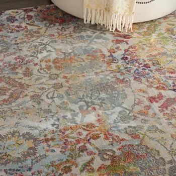 5' X 8' Ivory Gray and Orange Floral Distressed Non Skid Area Rug