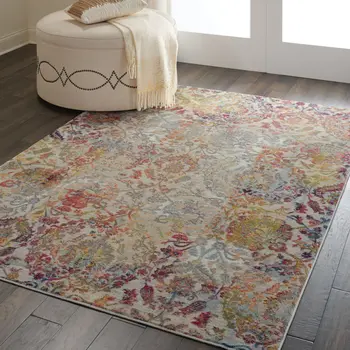 5' X 8' Ivory Gray and Orange Floral Distressed Non Skid Area Rug