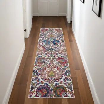 8' Ivory Blue and Gray Floral Distressed Non Skid Runner Rug