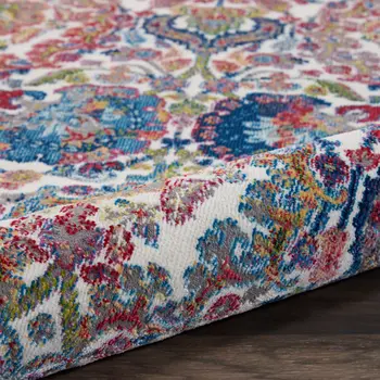 8' Ivory Blue and Gray Floral Distressed Non Skid Runner Rug