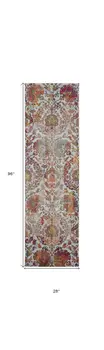 8' Ivory Gray and Orange Floral Distressed Non Skid Runner Rug