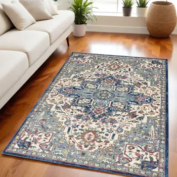5' X 8' Navy Blue and Ivory Floral Medallion Distressed Non Skid Area Rug