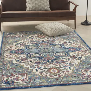 5' X 8' Navy Blue and Ivory Floral Medallion Distressed Non Skid Area Rug
