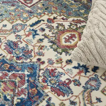 5' X 8' Navy Blue and Ivory Floral Medallion Distressed Non Skid Area Rug