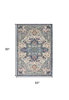 5' X 8' Navy Blue and Ivory Floral Medallion Distressed Non Skid Area Rug