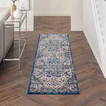 8' Navy Blue and Ivory Floral Medallion Distressed Non Skid Runner Rug