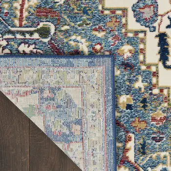 8' Navy Blue and Ivory Floral Medallion Distressed Non Skid Runner Rug