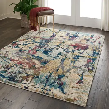 5' X 7' Cream Blue and Green Abstract Distressed Area Rug