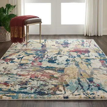 5' X 7' Cream Blue and Green Abstract Distressed Area Rug