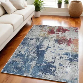 5' X 8' Ivory Red and Blue Abstract Distressed Non Skid Area Rug