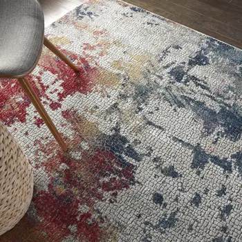 5' X 8' Ivory Red and Blue Abstract Distressed Non Skid Area Rug