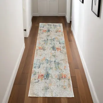 8' Ivory Blue and Gray Abstract Distressed Non Skid Runner Rug