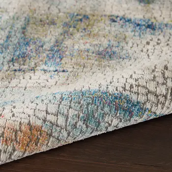 8' Ivory Blue and Gray Abstract Distressed Non Skid Runner Rug