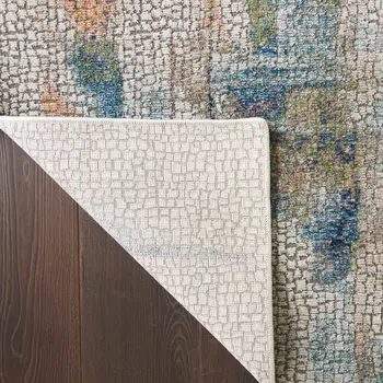 8' Ivory Blue and Gray Abstract Distressed Non Skid Runner Rug