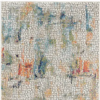 8' Ivory Blue and Gray Abstract Distressed Non Skid Runner Rug