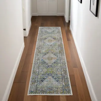 8' Ivory Blue and Green Floral Distressed Non Skid Runner Rug