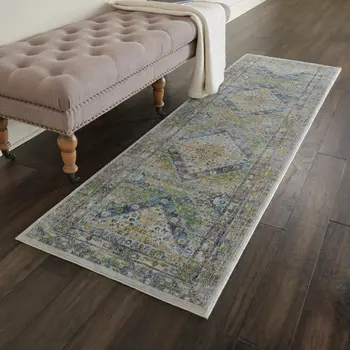 8' Ivory Blue and Green Floral Distressed Non Skid Runner Rug